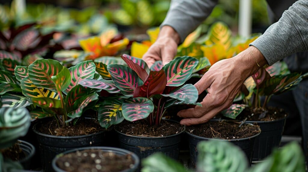 Image of various Calathea species being propagated and repotted.