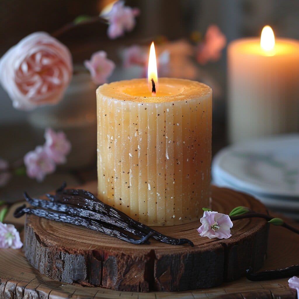 Lighting homemade vanilla bean candle in cozy room.  vanilla bean seeds to plant