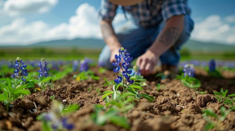 Lone figure planting seeds in vibrant bluebonnet field.