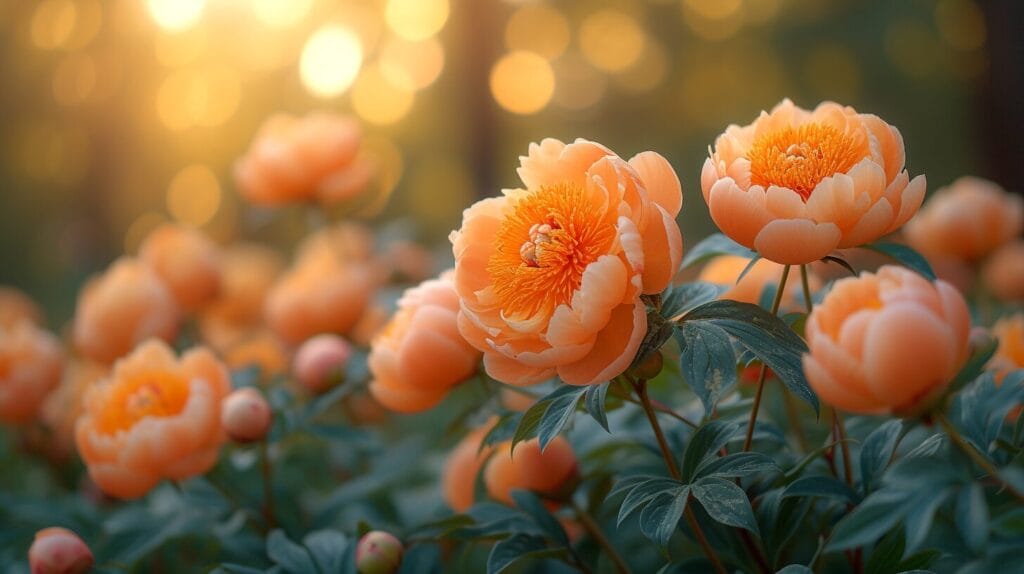 Lush garden adorned with vibrant yellow peonies in sunlight. how many colors of peonies are there