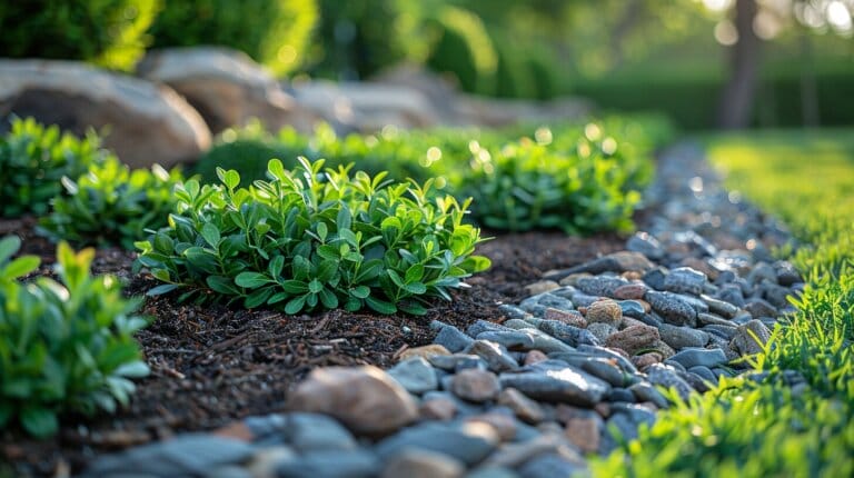 Lush green garden with vibrant Manuka Tea Trees and rocks