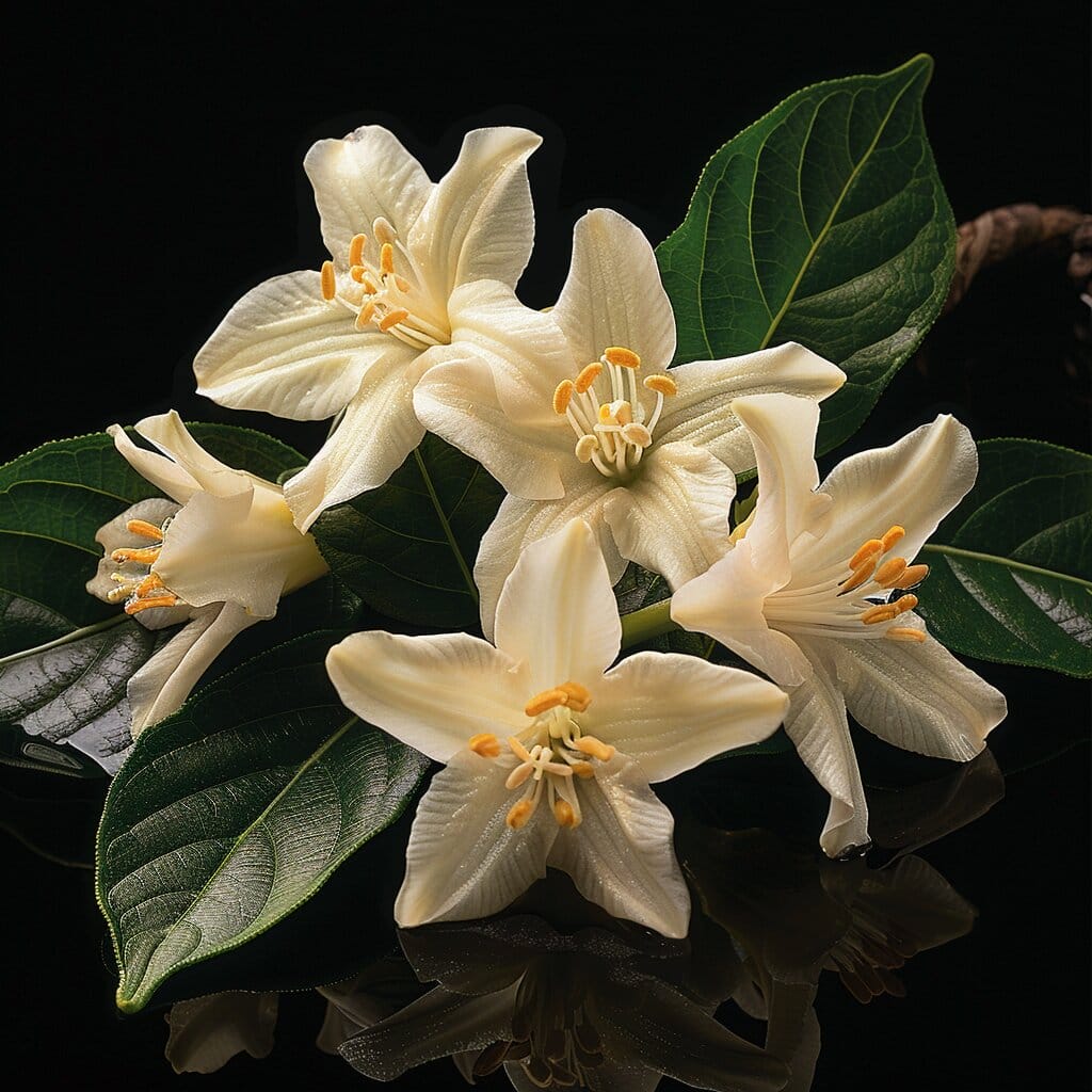 Mature vanilla plant with flowers, pods, and harvesting process.