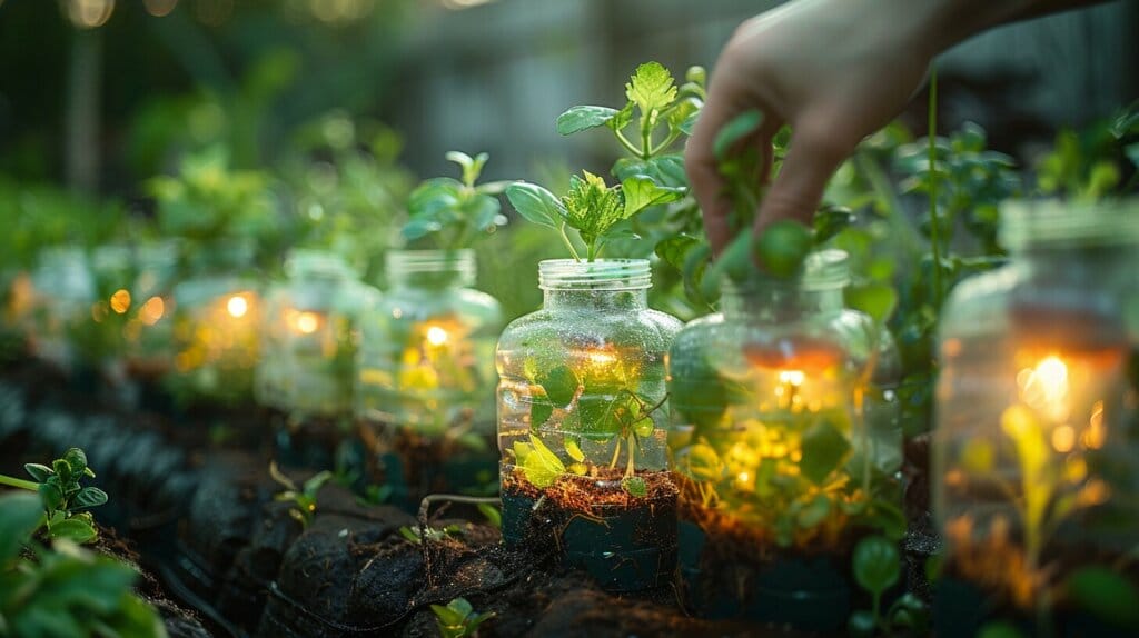 Milk jug mini greenhouses in a garden.