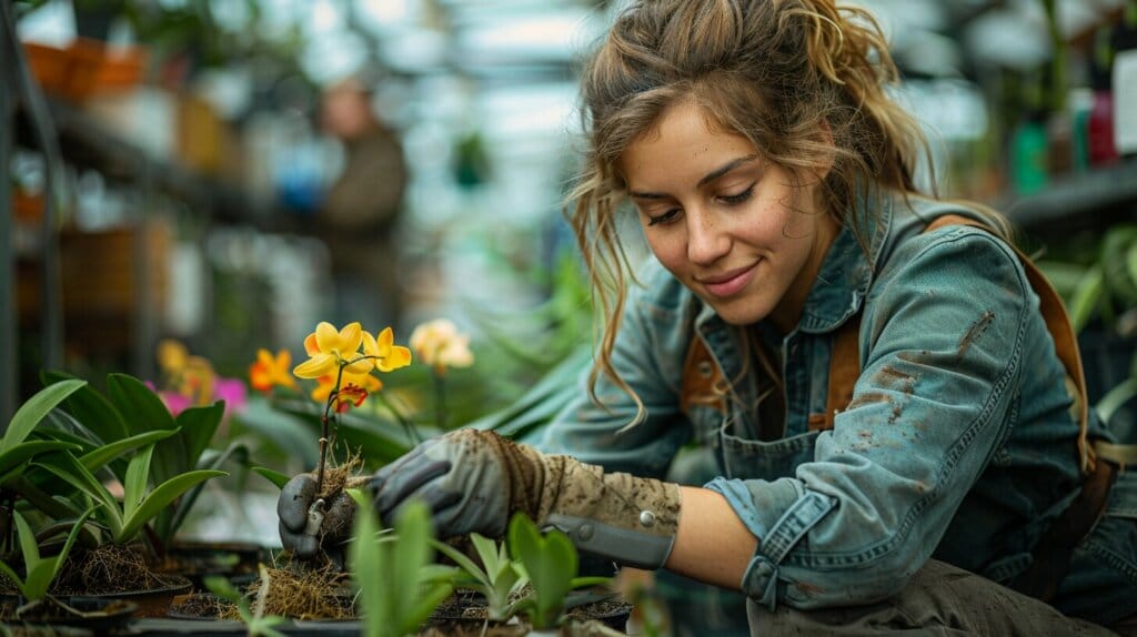 Misting transplanted orchid with care tools