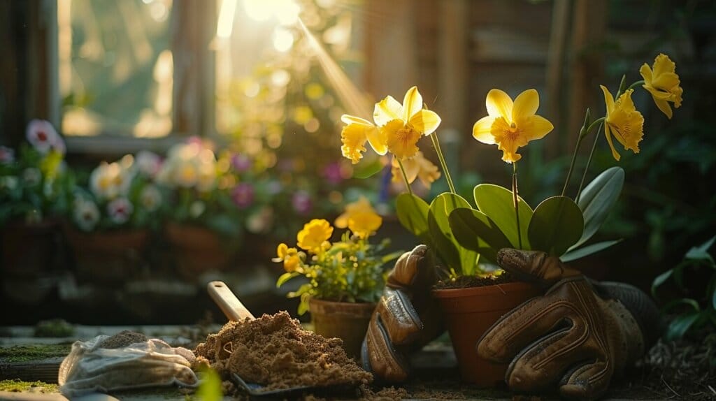 Orchid lifting from pot with roots in a bright room. how to transplant orchids indoors?
