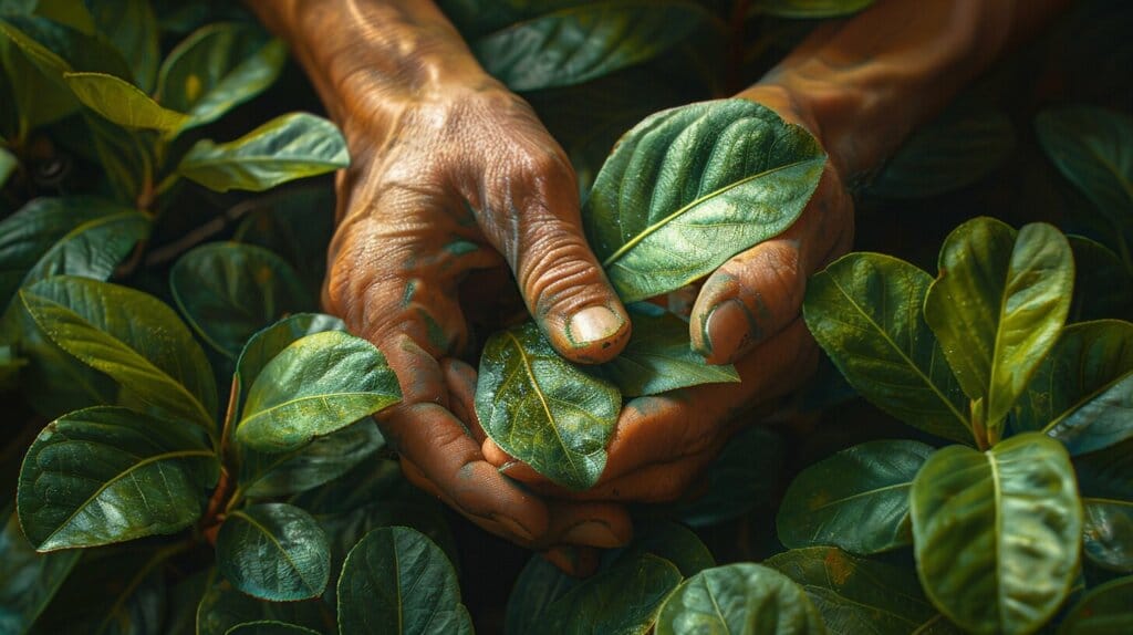 Person cleaning and watering a Ficus tree for maintenance.