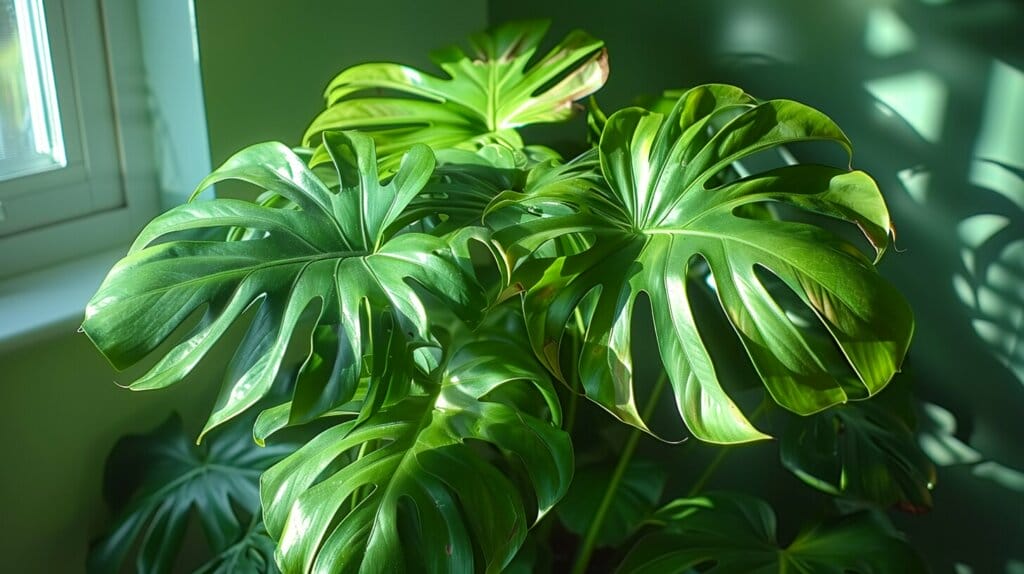 Person cleaning umbrella plant leaves with cloth, spray bottle, and shears nearby.