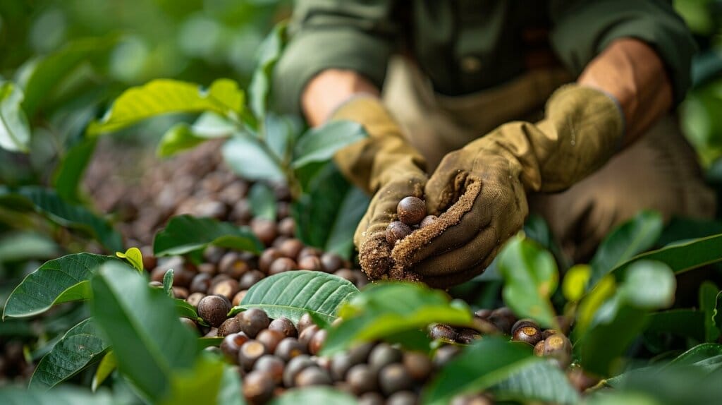 Person cracking open harvested macadamia nut in garden.