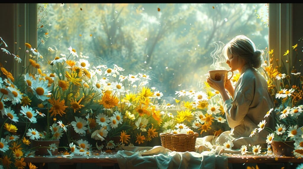 Person harvesting chamomile flowers at sunrise, 2024