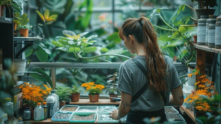 Person inspecting yellow leaves on umbrella plant with care tools.