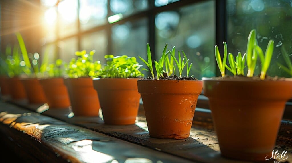 Person planting green onions in a pot, with a watering can and sunny window.