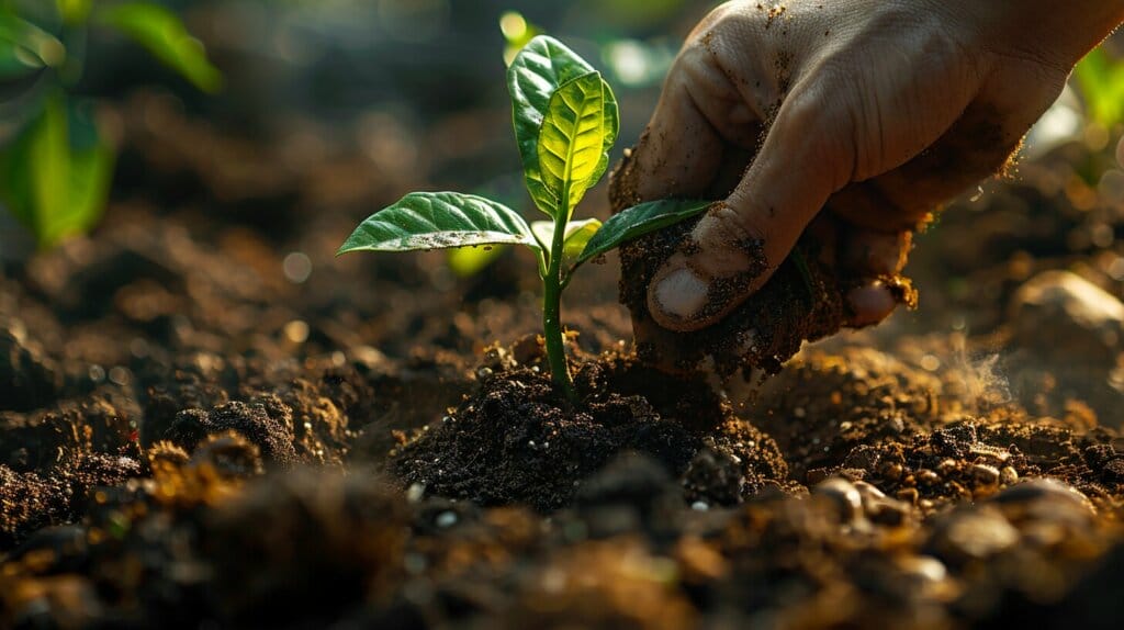 Person planting young guanabana tree in soil.