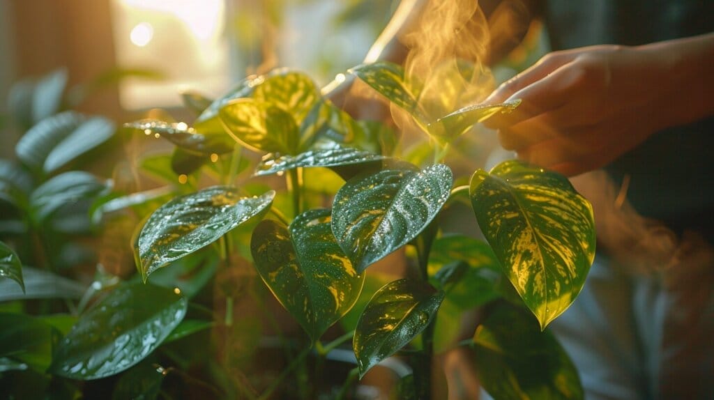 Person pruning and propagating umbrella plant with gardening tools.