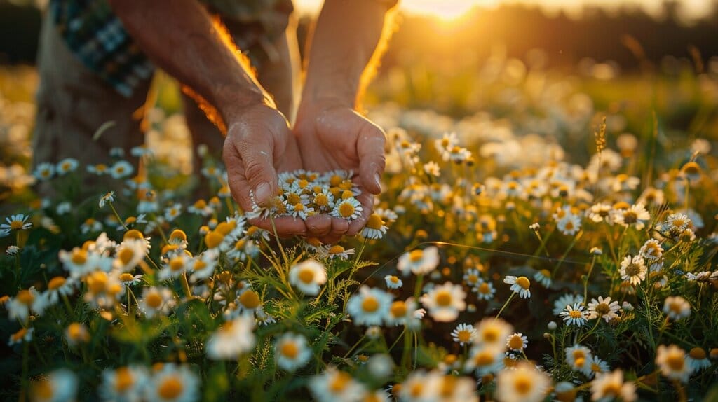 Person sipping chamomile tea, surrounded by blooming chamomile plants and harvested flowers