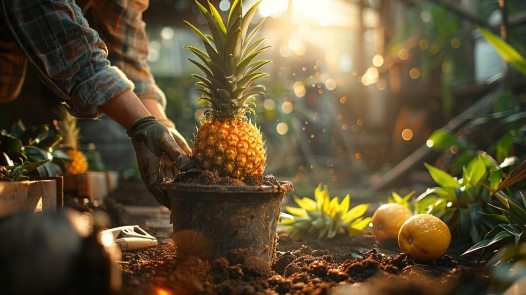 Pineapple top being propagated in water on windowsill.