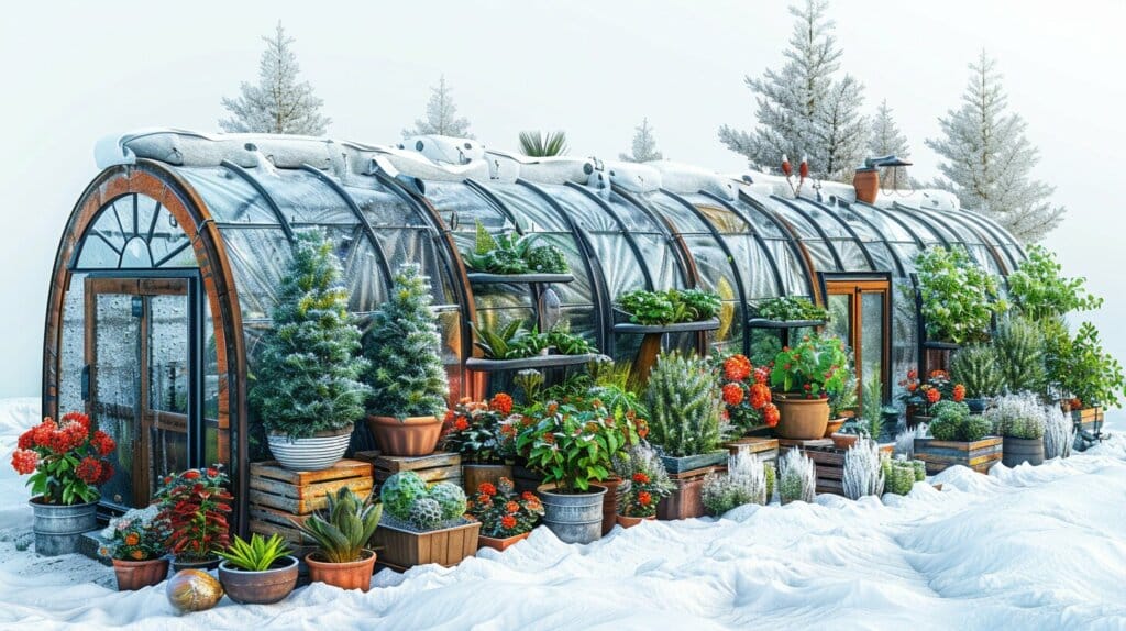 Plants covered in frost cloth with a low-temperature thermometer in the background.