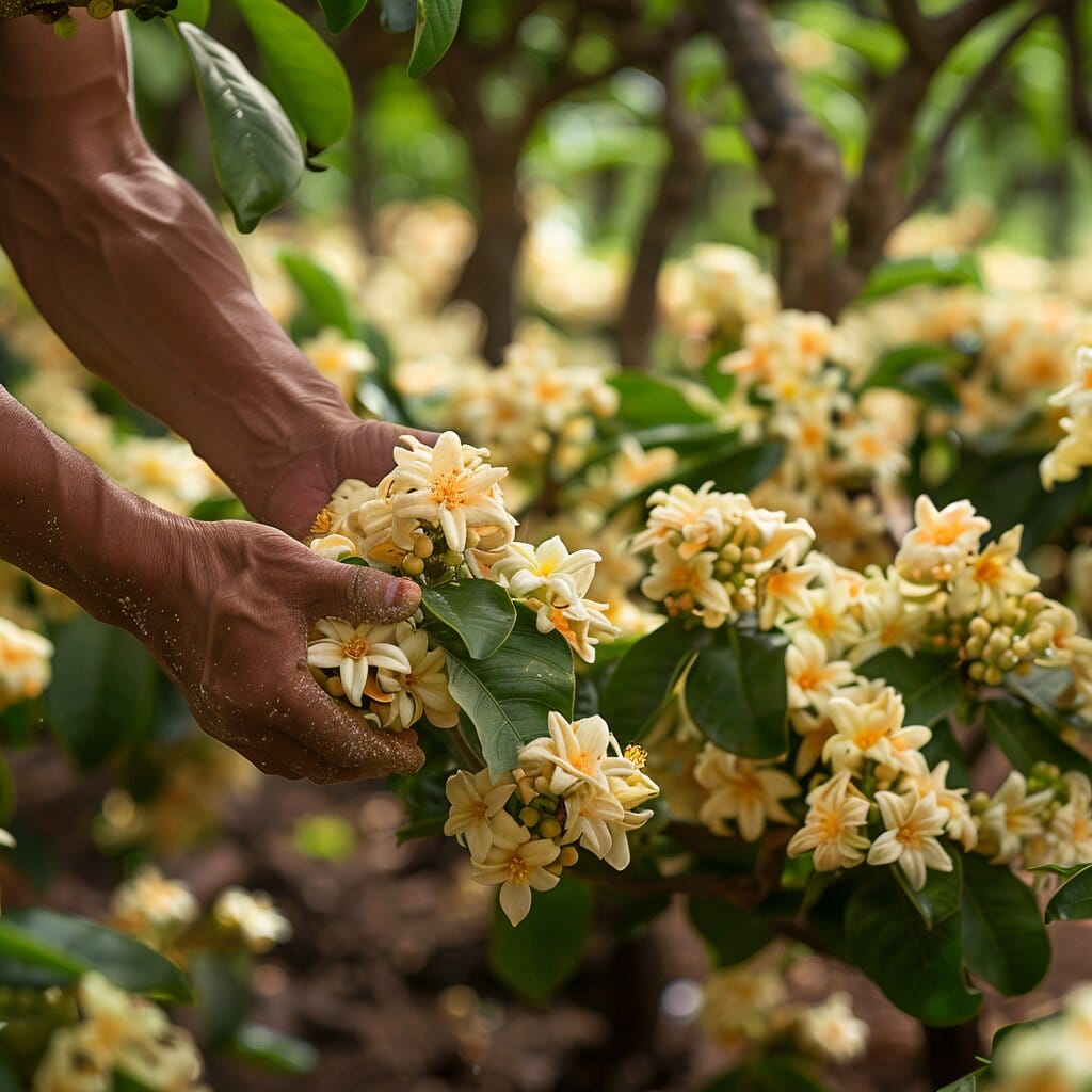 Pollinating delicate vanilla bean flowers by hand.
