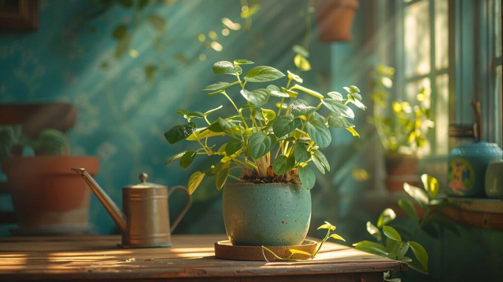 Reviving drooping Chinese Money Plant with watering can, soil, and sunlight.