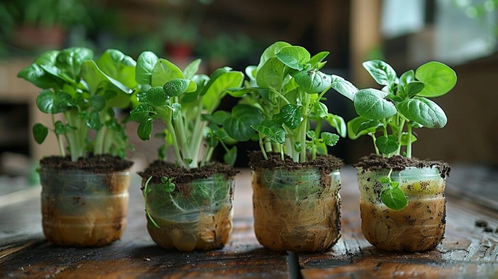 Seedling growing in a milk jug pot.