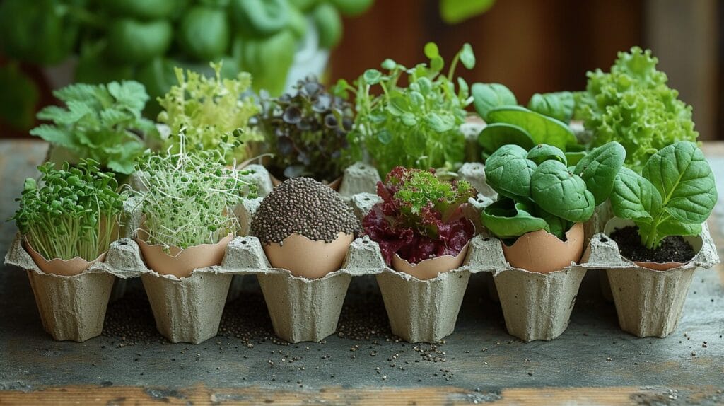 Various fast-growing microgreens sprouting in trays, set against a snowy landscape. best vegetable seeds for winter sowing