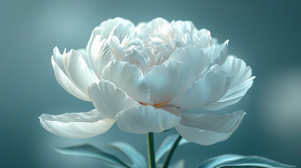 Single, pristine white peony in full bloom.