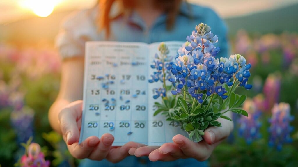 Sunny Texas field with bluebonnets and bare soil patches.