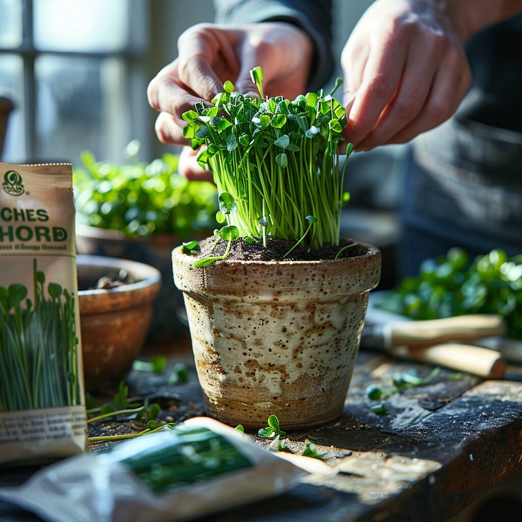 Sunny windowsill with planting pots, seeds, watering can, and gloves.
