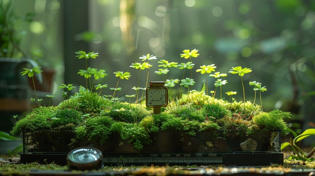 Terrarium with moss, hygrometer, and thermometer.