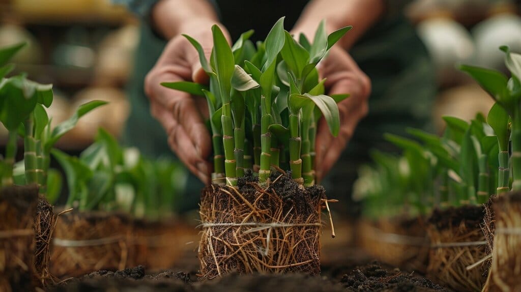 Trimming lucky bamboo, glass of cuttings, new shoot in pot.