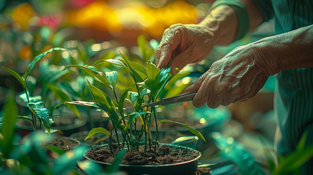 Trimming lucky bamboo leaves with scissors for health. how to trim lucky bamboo plant?