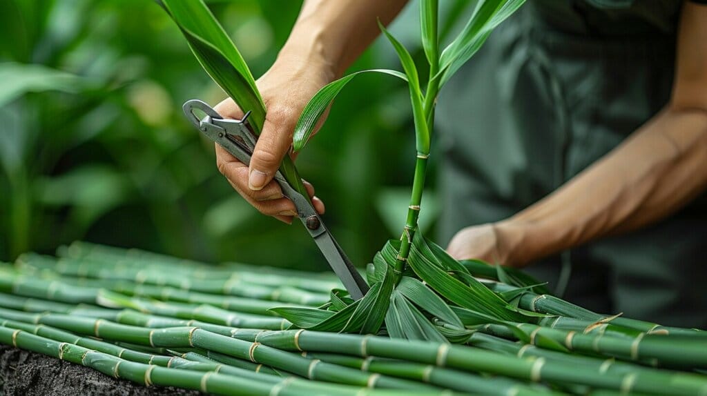 Trimming top leaves of lucky bamboo.