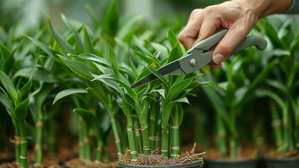 Trimming yellowing leaves from lucky bamboo.