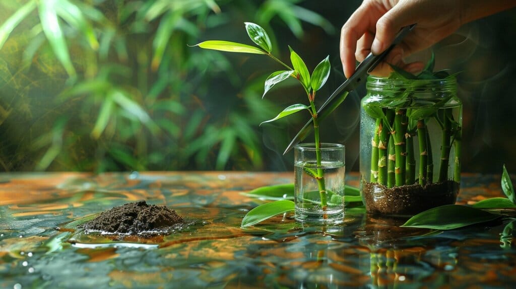 Trimming yellow leaves from lucky bamboo, indoor setting.