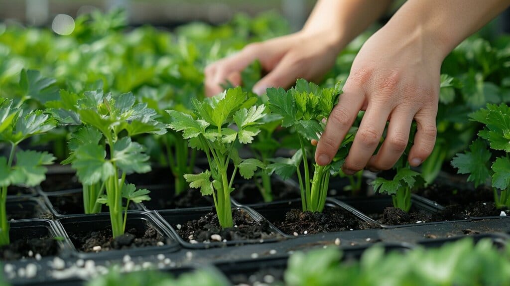 Variety of celery plants with green and red stalks.