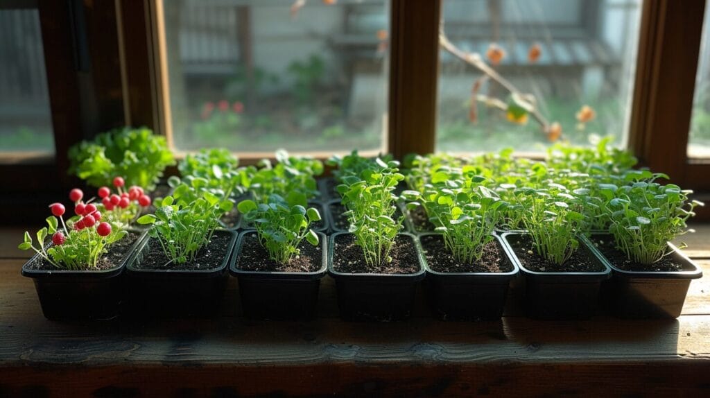 Various fast-growing microgreens sprouting in trays, set against a snowy landscape.