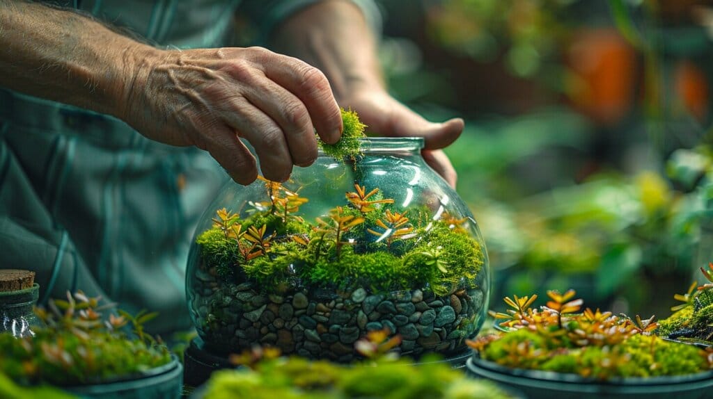 Various moss species labeled on a table.
