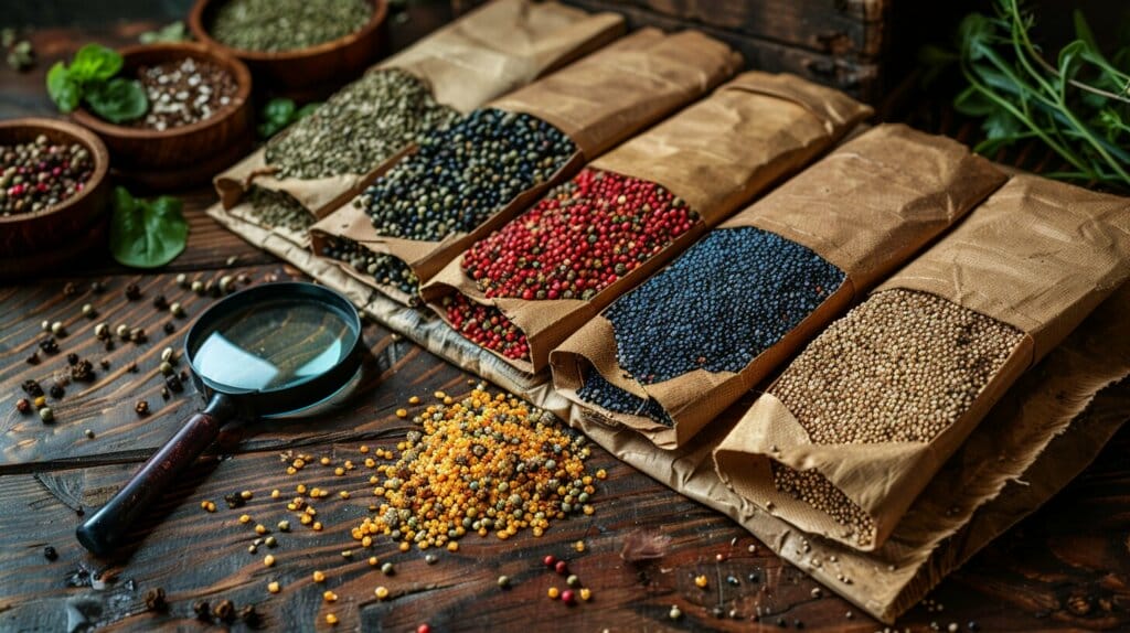 Vegetable seed packets spilling out onto a wooden table, with a magnifying glass examining the seeds.