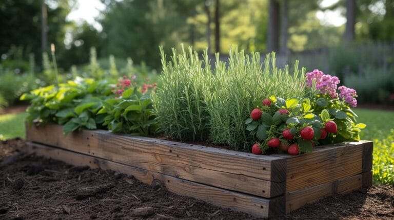 Vibrant garden with rosemary and strawberry plants in sunlight