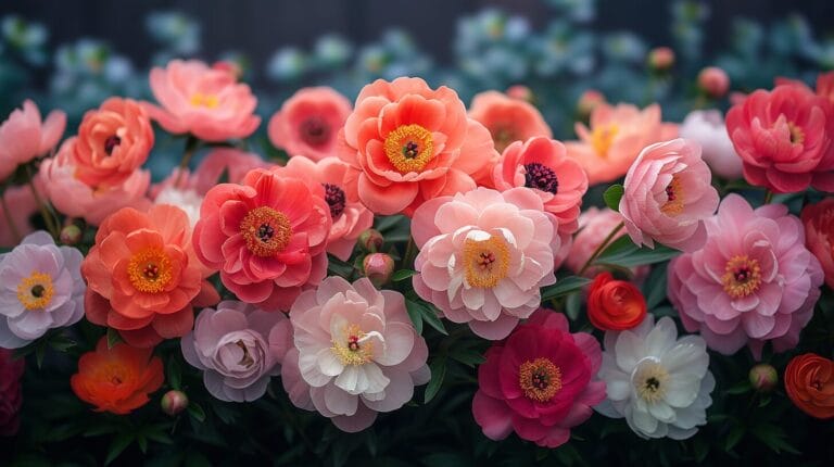 Vibrant peony garden in full bloom with a variety of colors.