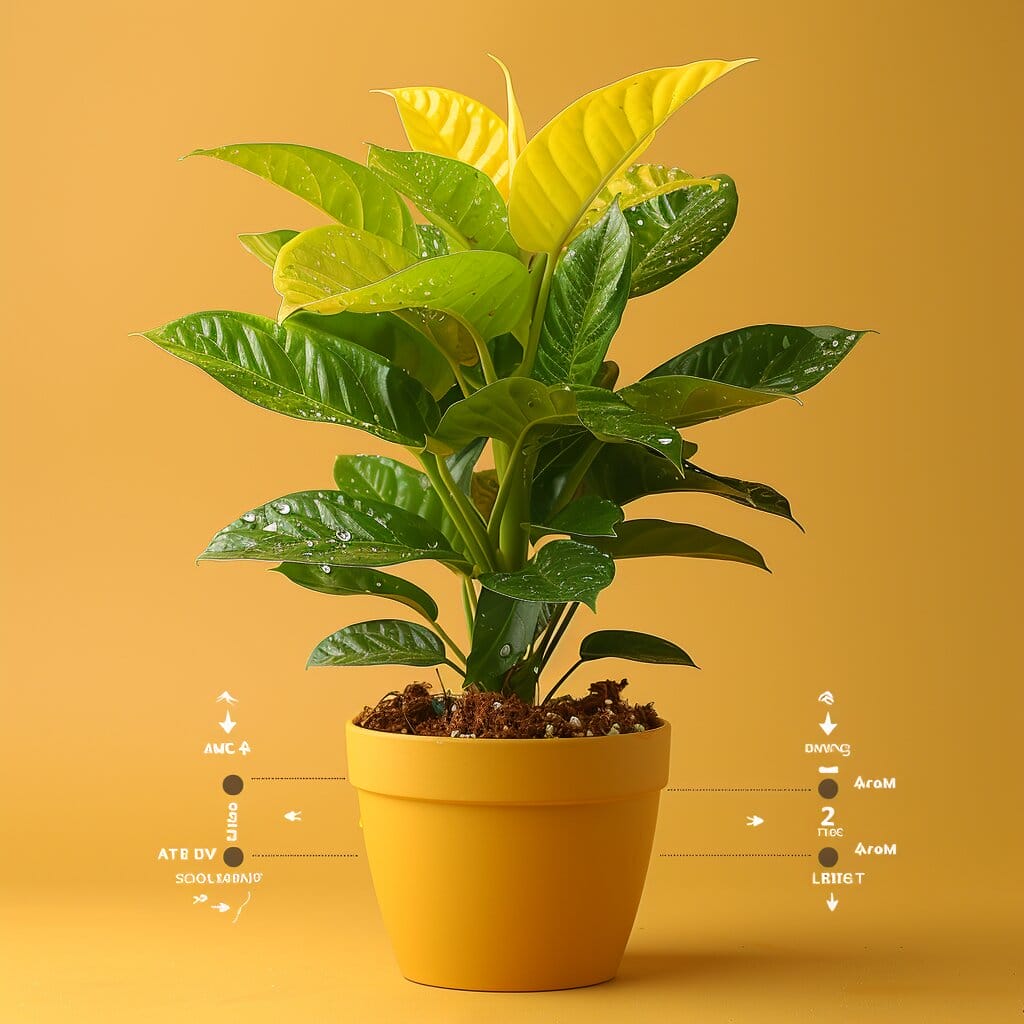 ZZ Plant with yellow leaves alongside a diagram of potential issues and solutions