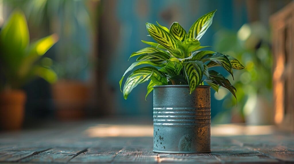 Zebra plant flourishing in an upcycled tin can planter, illustrating innovative gardening solutions for 2024.