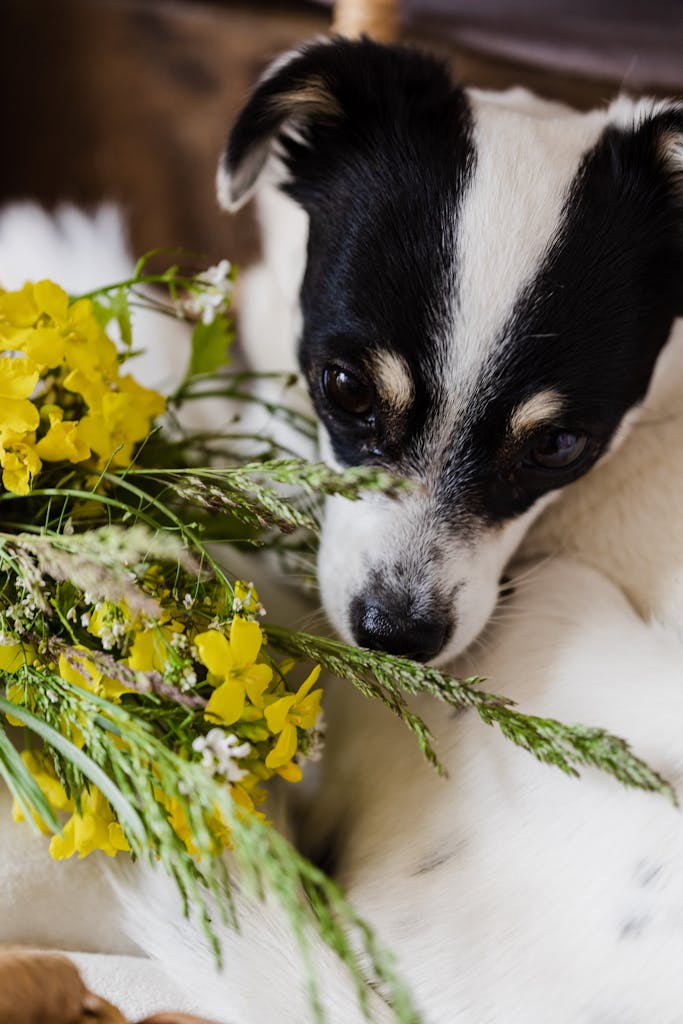 Dog redirected from hanging Wandering Jew plant.