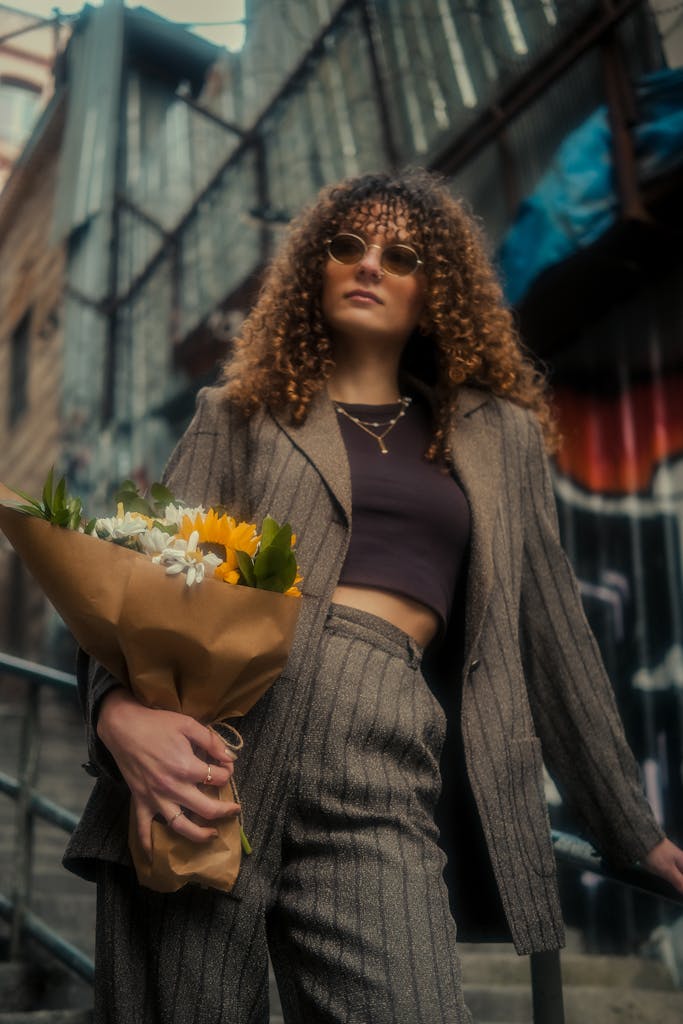 A woman in a suit holding flowers. birth flower for january tattoos